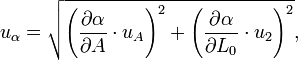 {u_\alpha}=\sqrt {\left (\frac{\partial \alpha}{\partial A} \cdot u_A \right)^2 +\left (\frac{\partial \alpha}{\partial L_0} \cdot u_2 \right)^2 },